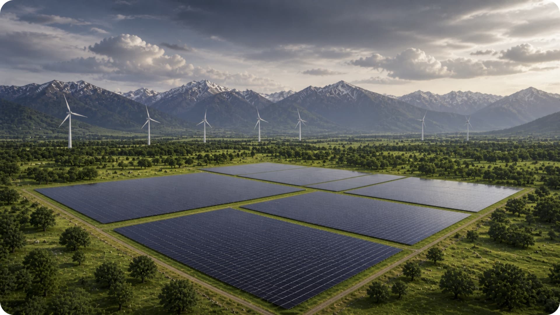 Parque solar fotovoltaico con aerogeneradores y montañas